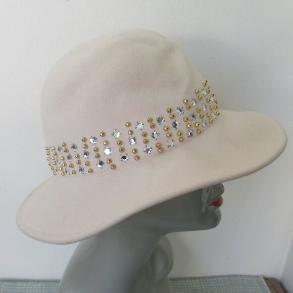VTG Adolfo II NY Paris Felt Studded Embellished Fedora Hat Ivory S/M 22 inches main image 6